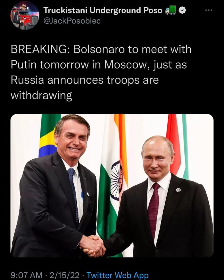Read more about the article BREAKING: Bolsonaro to meet with Putin tomorrow in Moscow, just as Russia announces troops are withdrawing