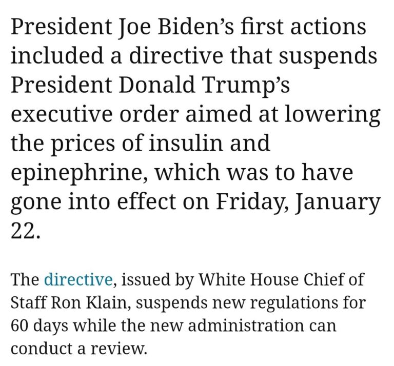 Read more about the article JOE BIDEN SUSPENDS TRUMP EXECUTIVE ORDER TO LOWER INSULIN, EPINEPHRINE PRICES