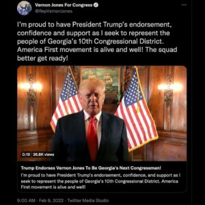 Read more about the article I’m proud to have President Trump’s endorsement, confidence and support as I seek to represent the people of Georgia’s 10th Congressional District. America First movement is alive and well! The squad better get ready!