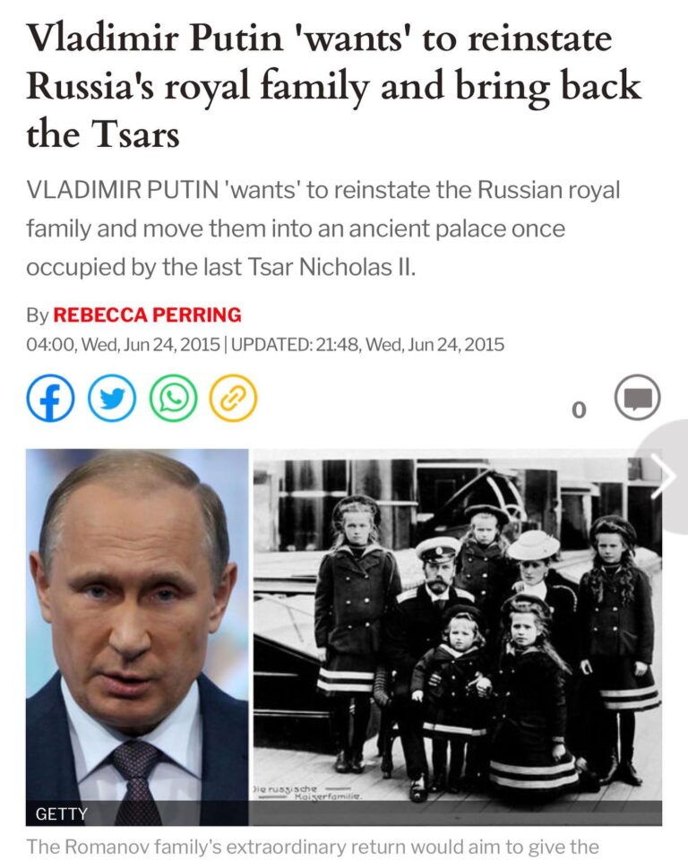 Read more about the article Vladimir Putin ‘wants’ to reinstate Russia’s royal family and bring back the Tsars