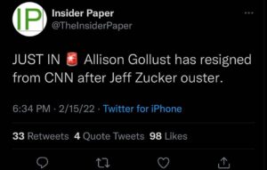 Read more about the article JUST IN g Allison Gollust has resigned from CNN after Jeff Zucker ouster.