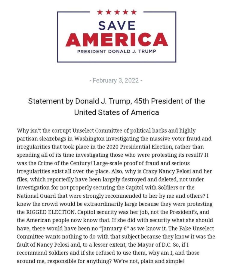 Read more about the article NEW!President Donald J. Trump:“Why isn’t the corrupt Unselect Committee of p