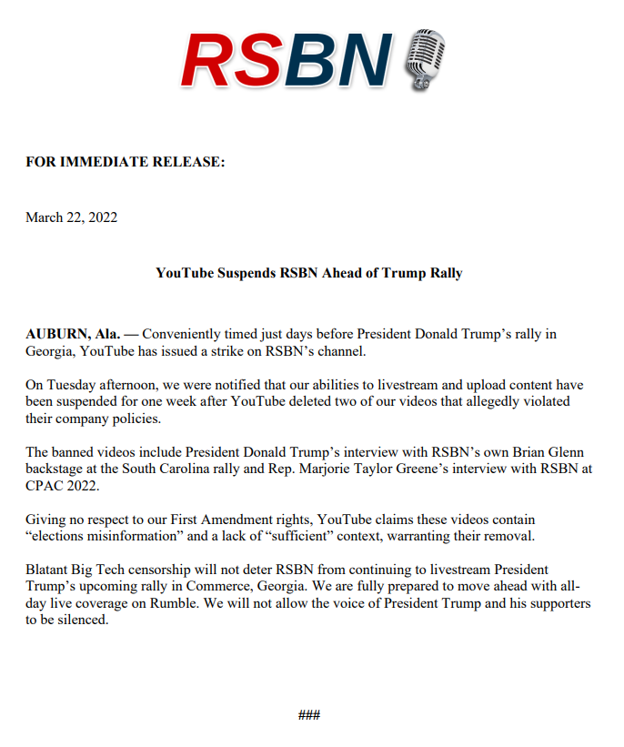 Read more about the article RELEASE: YouTube SUSPENDS RSBN Ahead of Trump Rally