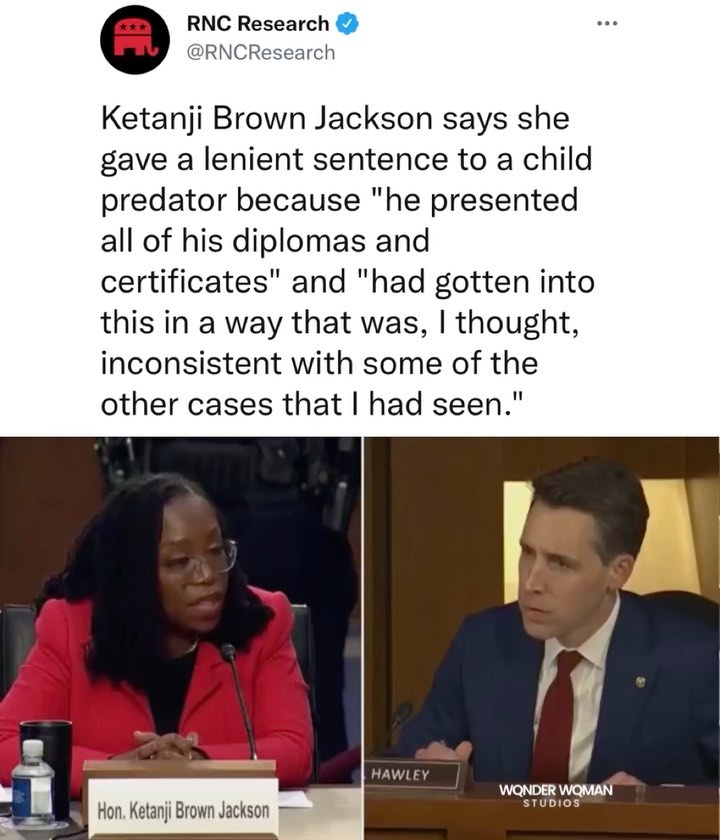 Read more about the article Ketanji Brown Jackson says she gave a lenient sentence to a child predator because “he presented all of his diplomas and certificates” and “had gotten into this in a way that was, I thought, inconsistent with some of the other cases that I had seen.”