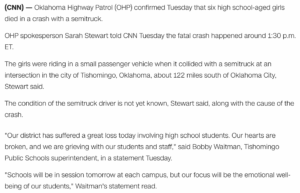 Read more about the article Six high school-age girls killed on interstate about 122-miles from OKC, March 22, 2022