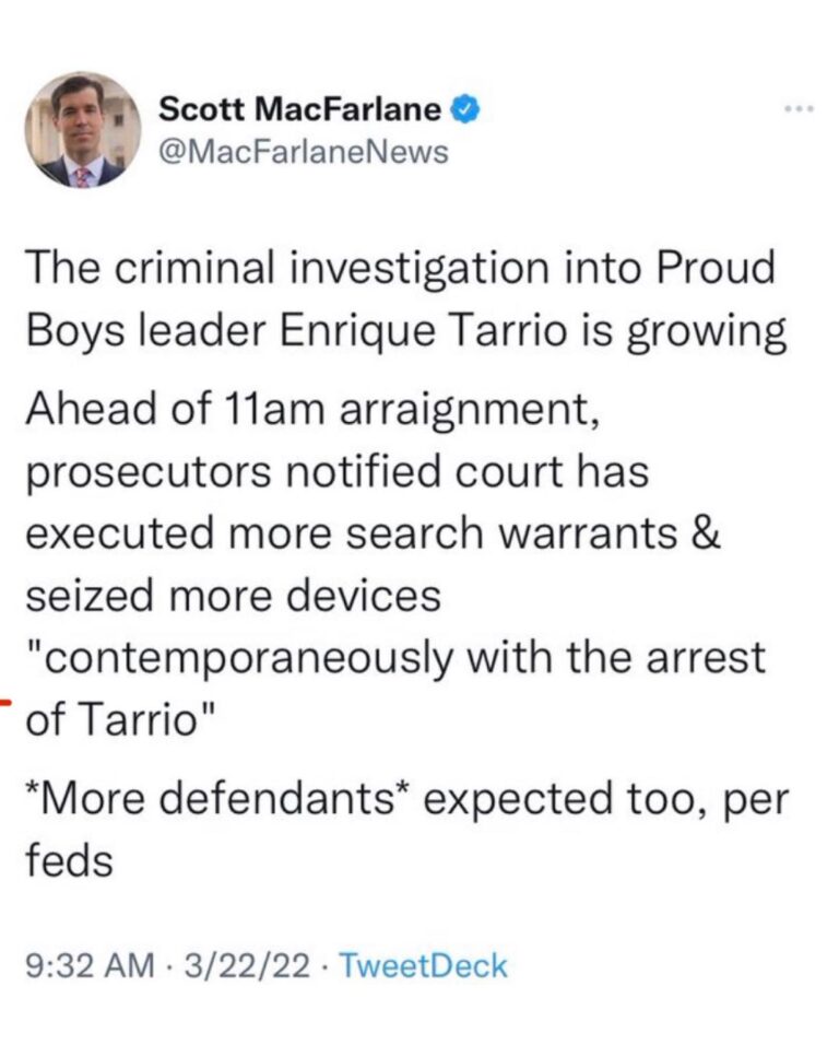 Read more about the article The criminal investigation into Proud Boys leader Enrique Tarrio is growing Ahead of llam arraignment, prosecutors notified court has executed more search warrants & seized more devices “contemporaneously with the arrest of Tarrio”