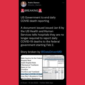 Read more about the article IJS Government to end daily COVID death reporting A document issued issued Jan 6 by the US Health and Human Services tells hospitals they are no longer required to report daily COVID-19 deaths to the federal government starting Feb 2.