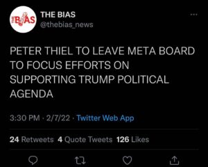 Read more about the article PETER THIEL TO LEAVE META BOARD TO FOCUS EFFORTS ON SUPPORTING TRUMP POLITICAL AGENDA