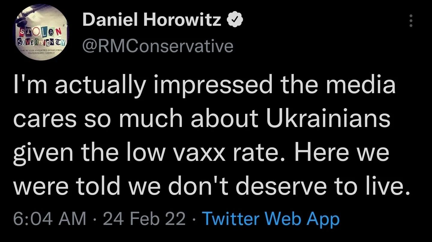 You are currently viewing I’m actually impressed the media cares so much about Ukrainians given the low vaxx rate. Here we were told we don’t deserve to live.