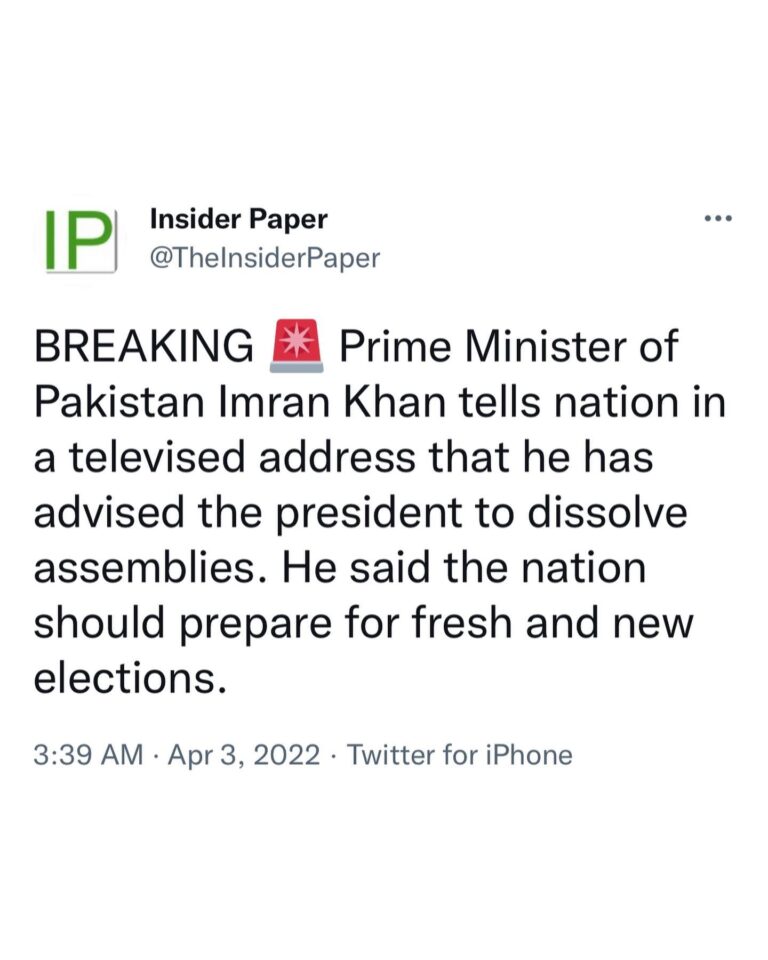 Read more about the article BREAKING g Prime Minister of Pakistan Imran Khan tells nation in a televised address that he has advised the president to dissolve assemblies. He said the nation should prepare for fresh and new elections.