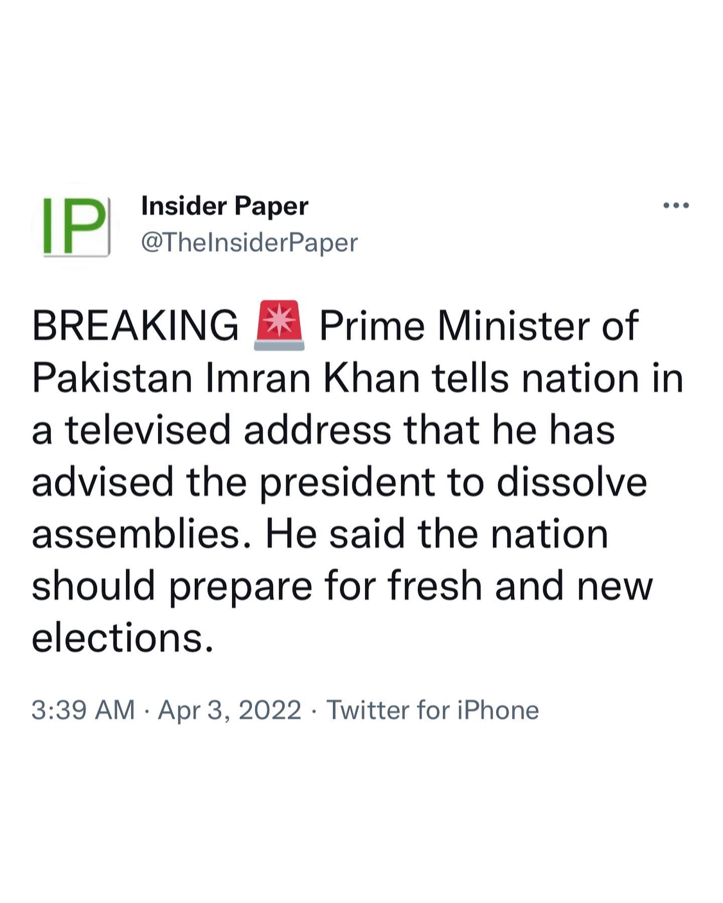 You are currently viewing BREAKING g Prime Minister of Pakistan Imran Khan tells nation in a televised address that he has advised the president to dissolve assemblies. He said the nation should prepare for fresh and new elections.