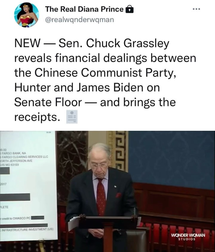 Read more about the article NEW — Sen. Chuck Grassley reveals financial dealings between the Chinese Communist party, Hunter and James Biden on Senate Floor — and brings the receipts.