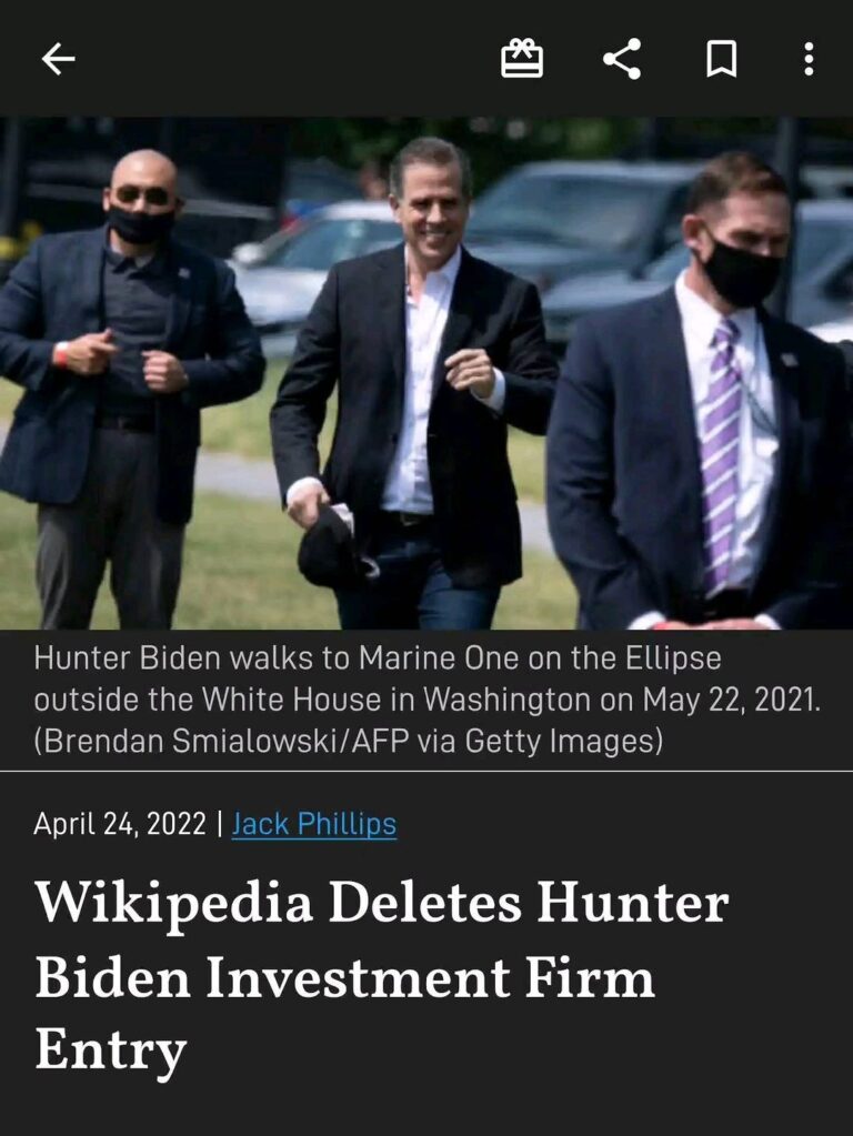 Read more about the article Wikipedia editors deleted an entry for Hunter Biden’s investment company Rosemont Seneca Partners, according to comments on the Talk Page of the entry.