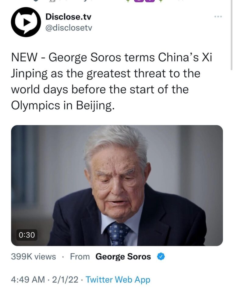 Read more about the article NEW – George Soros terms China’s Xi Jinping as the greatest threat to the world days before the start of the Olympics in Beijing.