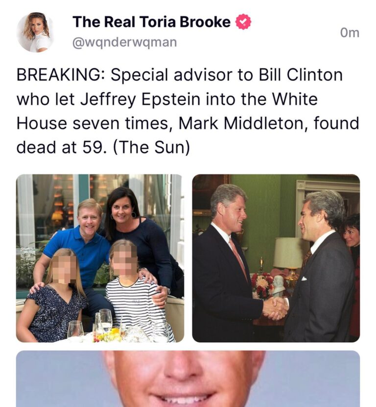 Read more about the article BREAKING: Special advisor to Bill Clinton who let Jeffrey Epstein into the White House seven times, Mark Middleton, found dead at 59. (The Sun)