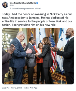 Read more about the article Kamala Harris swears in Nick Perry as Ambassador of Jamaica, May 9, 2022, 201-days after her birthday