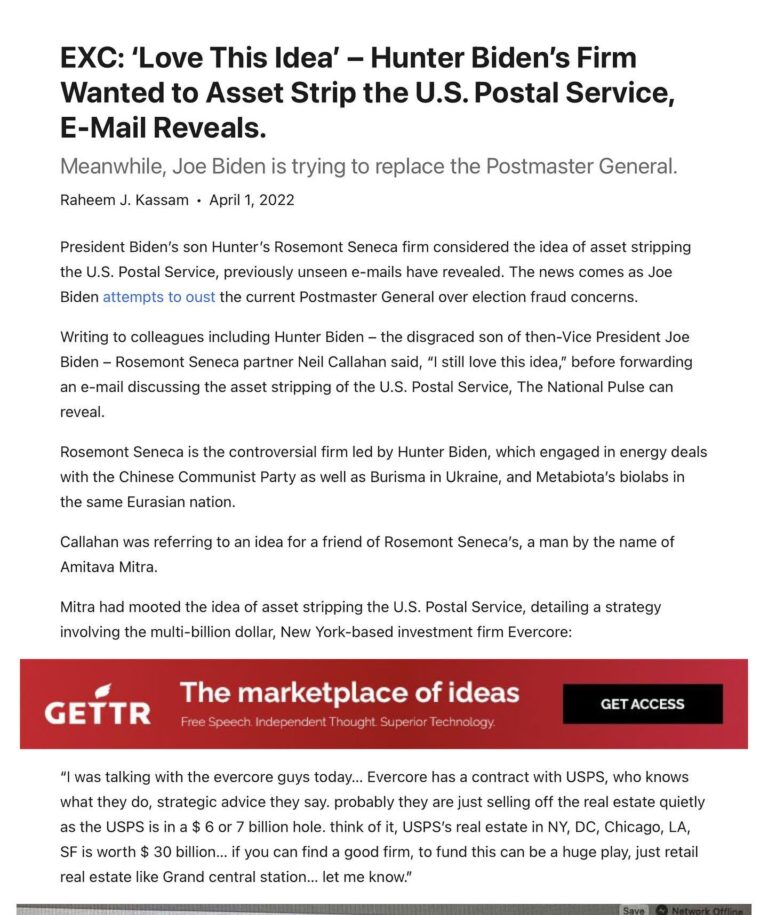 Read more about the article EXC: ‘Love This Idea’ — Hunter Biden’s Firm Wanted to Asset Strip the U.S. Postal Service, E-Mail Reveals.