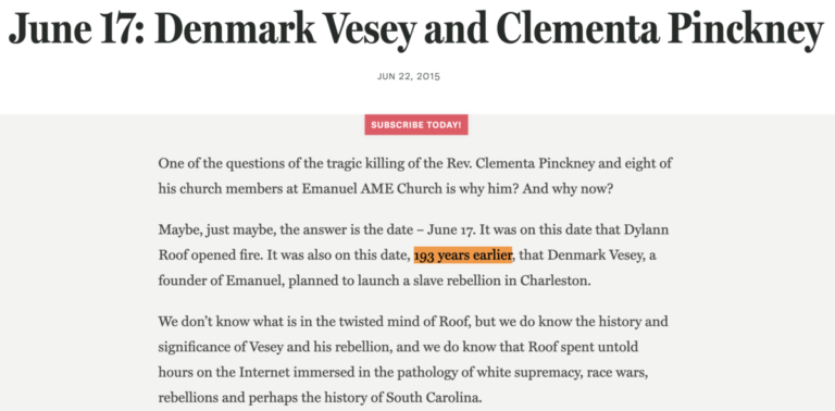 Read more about the article Charleston Church shooting of June 17, 2015 came on the 193-year anniversary of Denmark Vesey’s slave rebellion