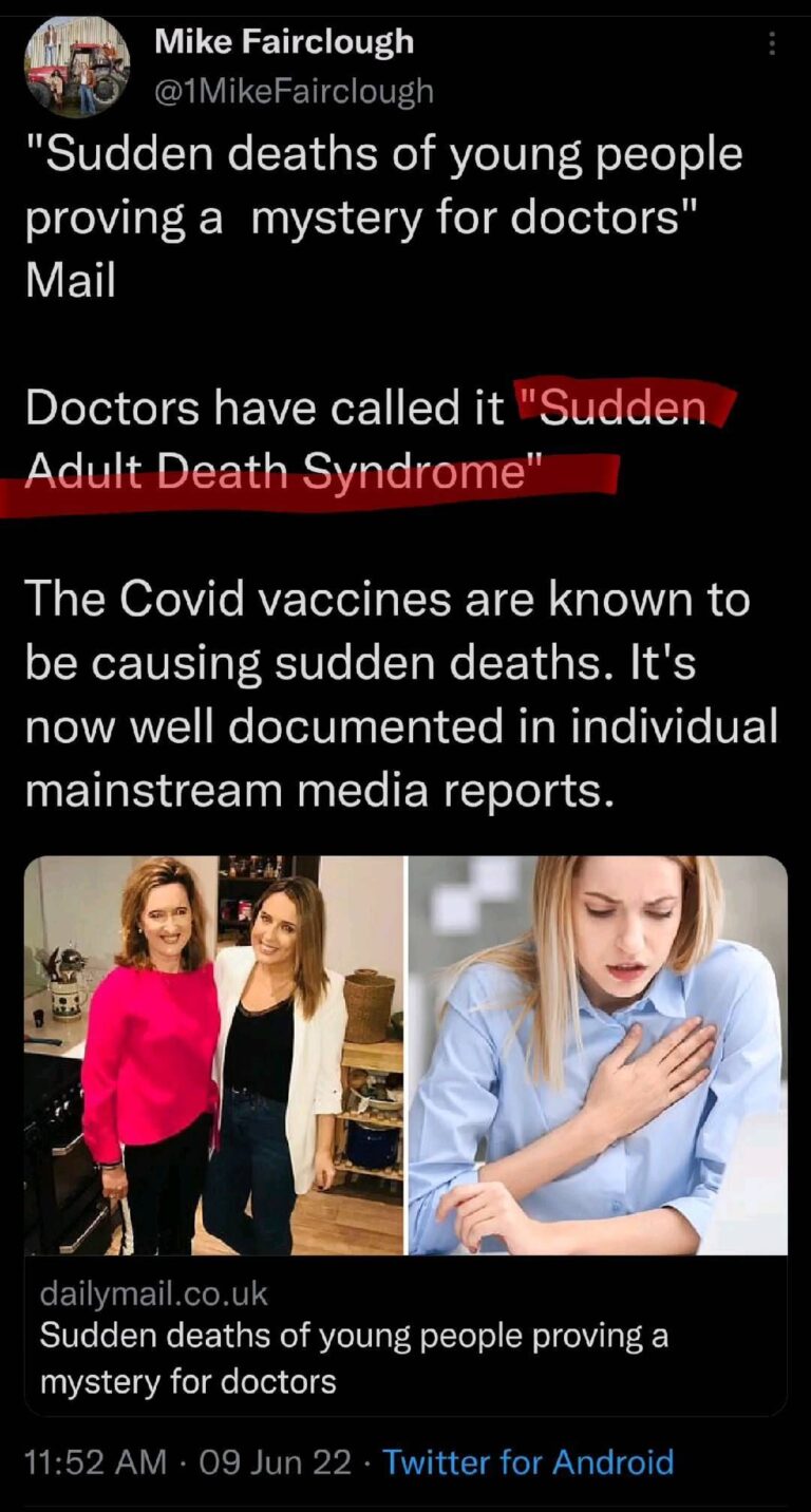 Read more about the article “Sudden deaths of young people proving a mystery for doctors” Mail Doctors have called it Adult Death Syndrome” The Covid vaccines are known to be causing sudden deaths. It’s now well documented in individual mainstream media reports.