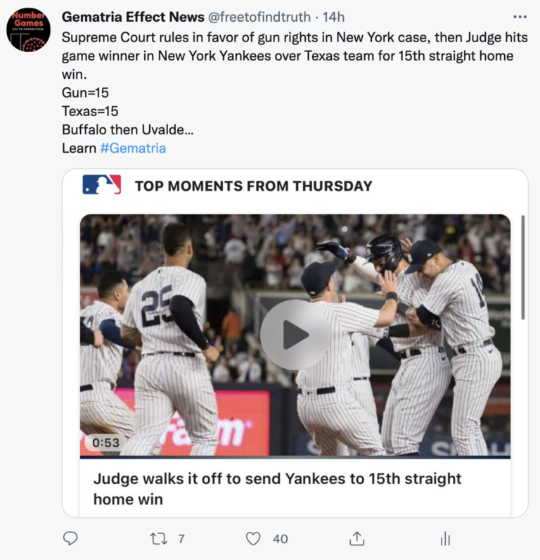 Read more about the article Supreme Court rules in favor of gun rights in New York case, then Judge hits game winner in New York Yankees over Texas team for 15th straight home win. Gun=15 Texas—15 Buffalo then Uvalde.. Learn More Gematria