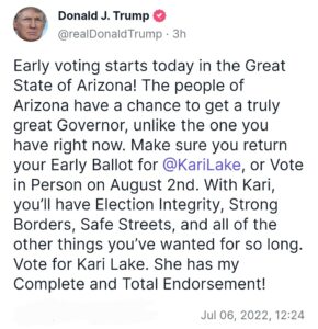 Read more about the article New! POTUS 45- early voting starts today… Vote for @KariLake!
