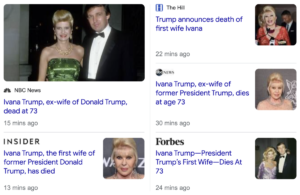Read more about the article Ivana Trump, ex-wife of Donald Trump, dead at 73, 144-days after her birthday (and on the 258th day of Ivanka’s age), July 14, 2022