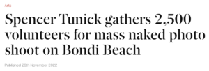 Read more about the article Spencer Tunick gathers 2,500 for mass naked photo at Bondi Beach, Saturday, November 26, 2022