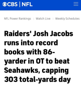 Read more about the article Josh Jacobs gives Pete Carroll his 86th career loss with an 86 yard touchdown run, November 27, 2022
