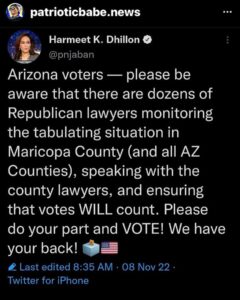 Read more about the article Arizona voters — please be aware that there are dozens of Republican lawyers monitoring the tabulating situation in Maricopa County