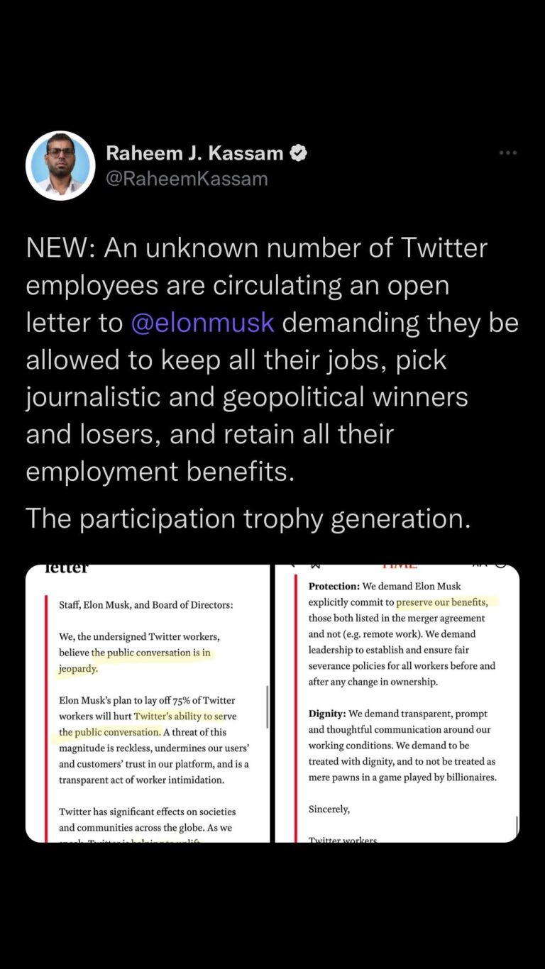Read more about the article Watching twitter employees make demands of Elon Musk to keep their jobs and bene
