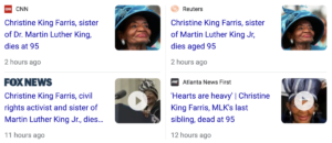 Read more about the article Christine King Farris, sister of MLK, dies at 95, June 29, 2023