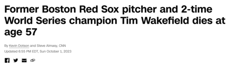 Read more about the article Tim Wakefield, two time World Series champ, dead at 57, October 1, 2023