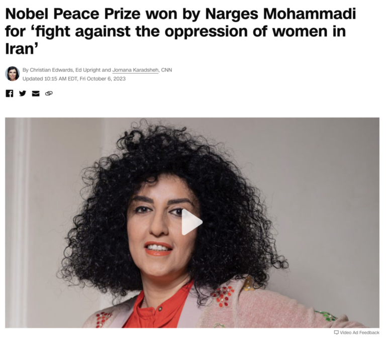 Read more about the article Narges Mohammadi wins the Nobel Prize while in prison for ‘fight against the oppression of women in Iran’ October 6, 2023