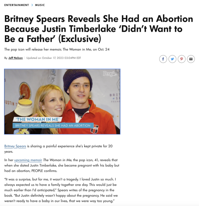 Read more about the article Britney Spears reveals she had an abortion with Justin Timberlake, October 17, 2023 news from People Magazine (online)