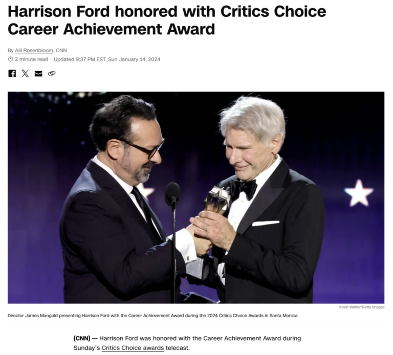 Read more about the article Harrison Ford honored with Critics Choice Career Achievement Award, January 14, 2024 (the day of the Lions first Wild Card win)