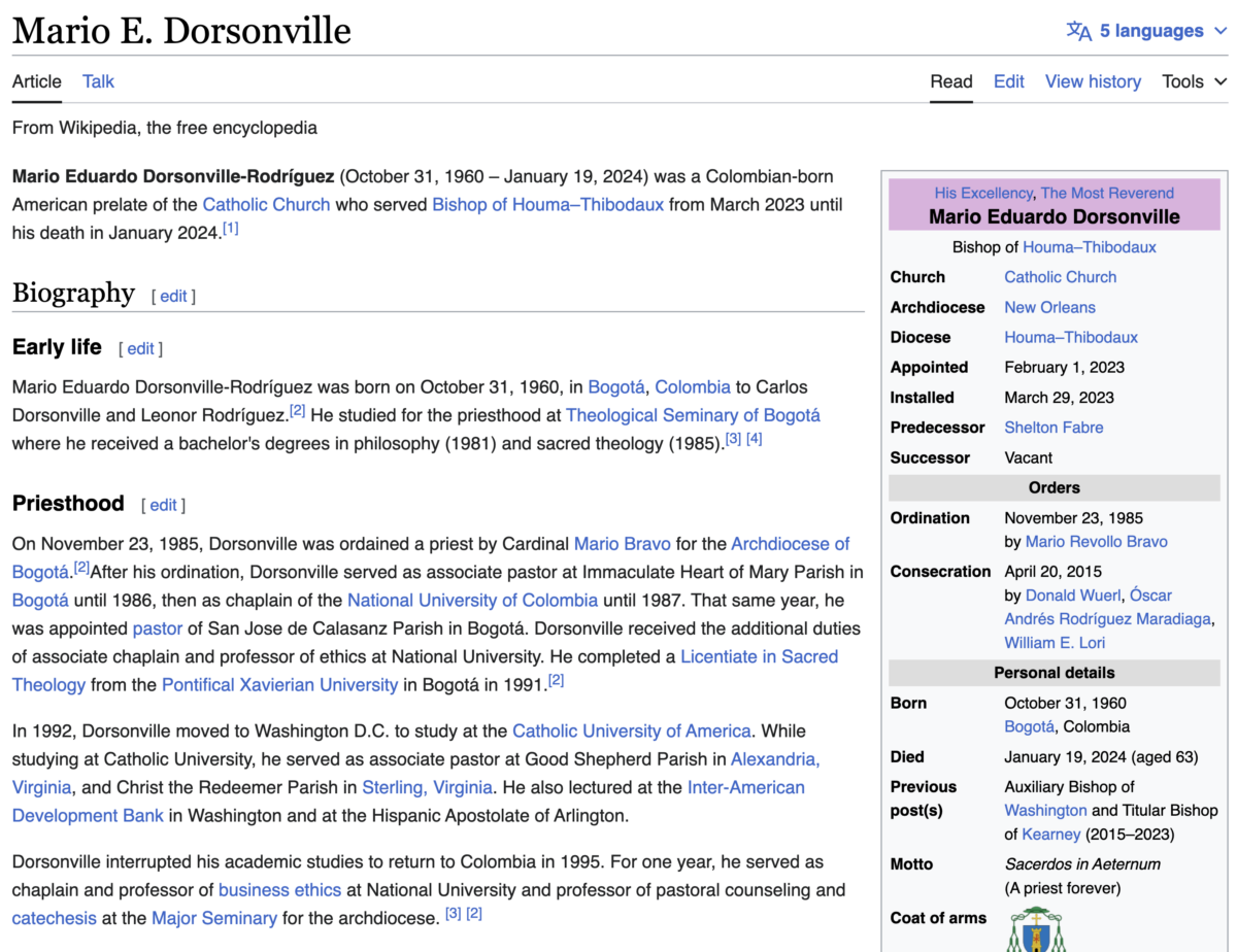 You are currently viewing Mario E. Dorsonville, prelate of the Catholic Church, dead on the kill date, January 19, 2024