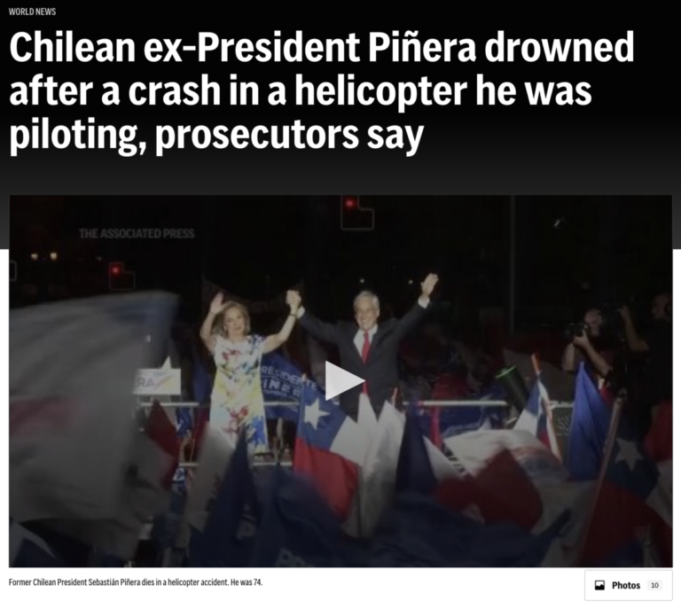 Read more about the article Chilean ex-President Pinera drowned after helicopter crash, February 6, 2024